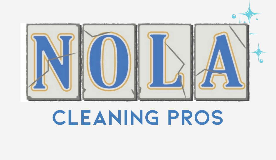 NOLA Cleaning Pros logo in blue and gold letters with sparkles on a light background